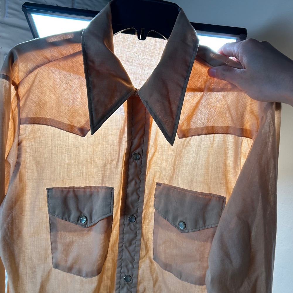 Vintage Sears Western Wear Shirt Medium Tan Paper Thin Pearl Snap 70s Cowboy